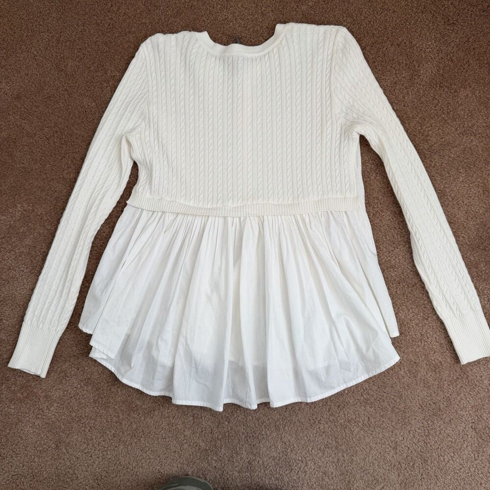 Anthropologie Twofer Cable Knit Peplum Cardigan Blouse Small White Classic